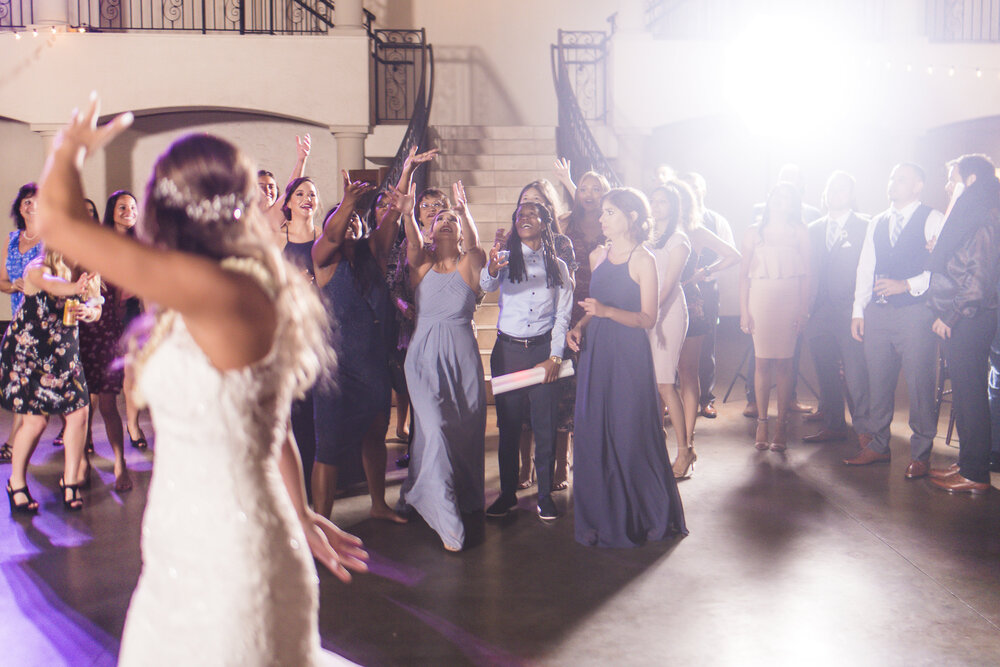 Dallas Wedding- Pharris Photography- Chapel at Ana Villa- Reception- Courtney + Eddie- Bouquet Toss