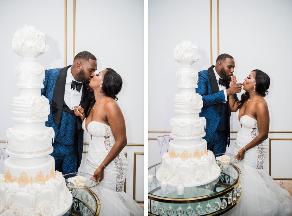 Houston Texas - Chateau Cocomar Wedding - Pharris Photography- Reception- Aliah + Tyrone- Cutting the cake