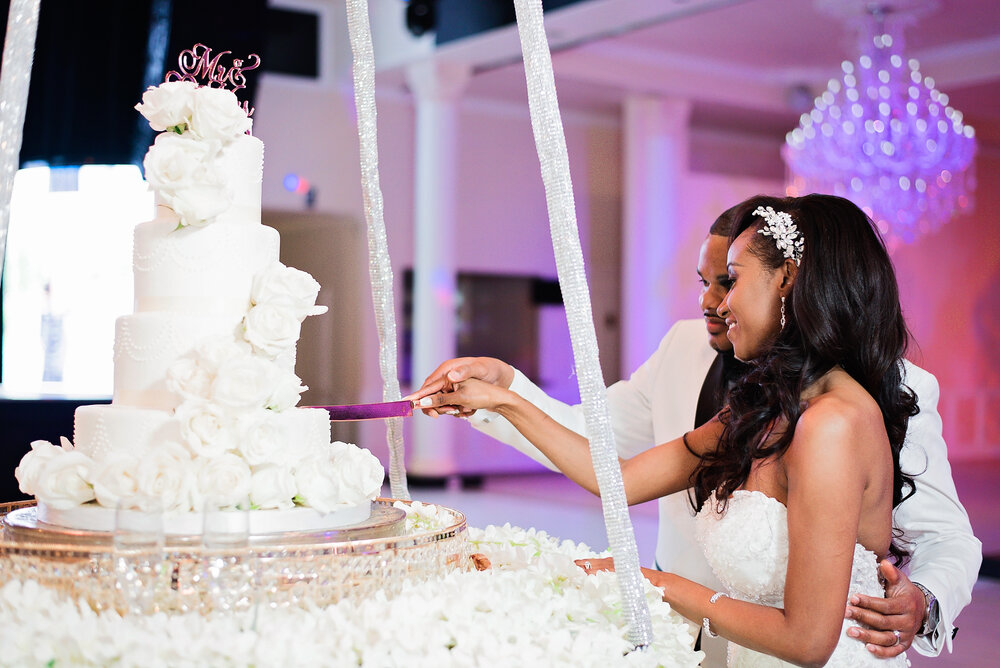 Dallas Texas Wedding- Sans Souci Ballroom - Pharris Photography- Reception- Crystal + Tristan - Bride + Groom - Cutting The Cake