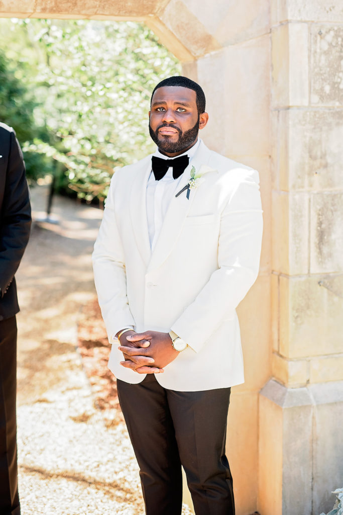 Wedding Day Groom At Alter Dallas Arboretum Black Couple Style All White Classy Upscale 
Wedding Photography