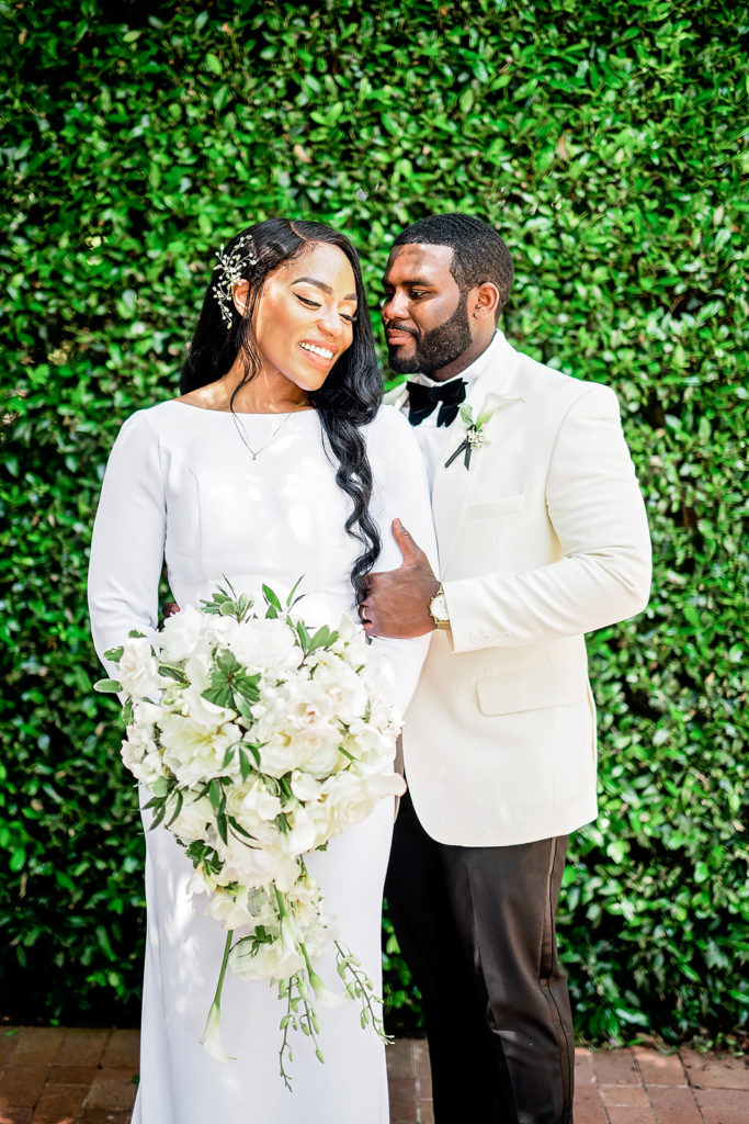 Wedding Day Bride and Groom Portraits Dallas Arboretum Black Couple Style All White Classy Upscale 
Wedding Photography 
