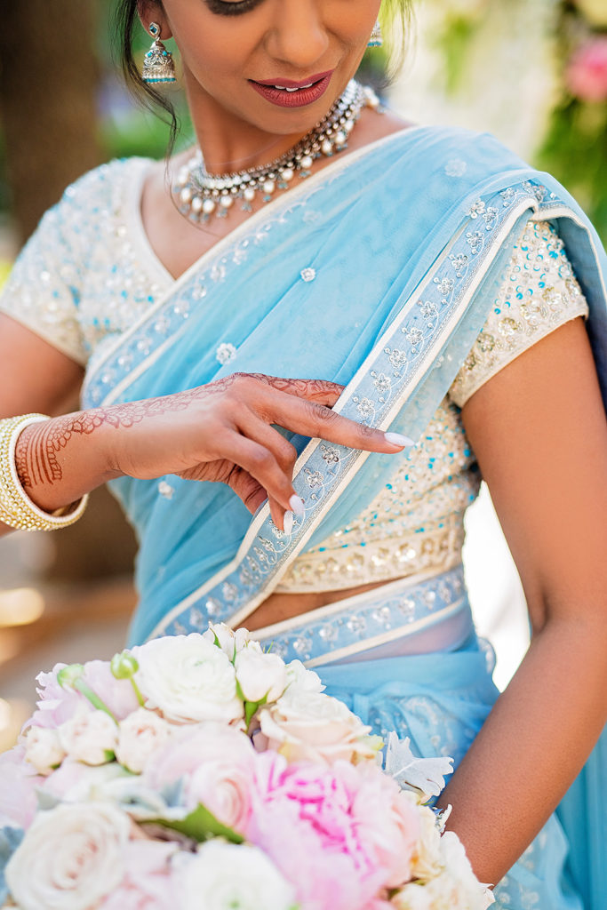 Indian bride with pastel blue wedding saree dallas texas Indian Wedding Ceremony Marie Gabrielle Restaurant and Gardens
