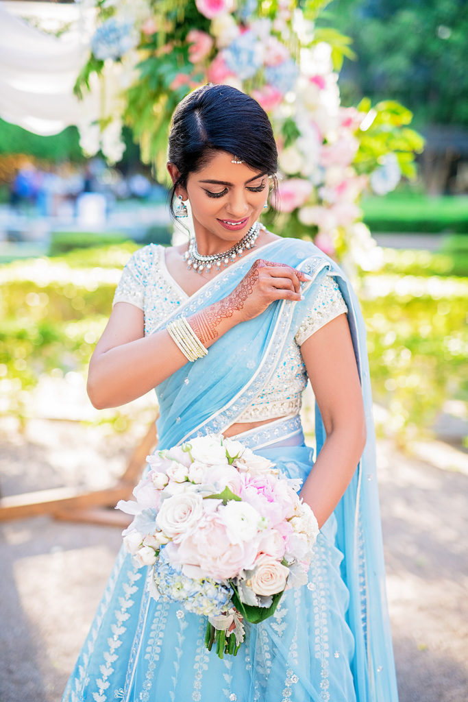 Indian bride with pastel blue wedding saree dallas texas Indian Wedding Ceremony Marie Gabrielle Restaurant and Gardens