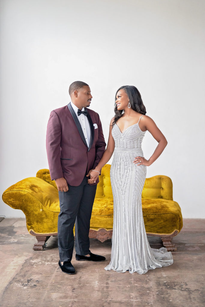 Formal engagement session outfits black couple style houston warehouse houston texas indoor studio
