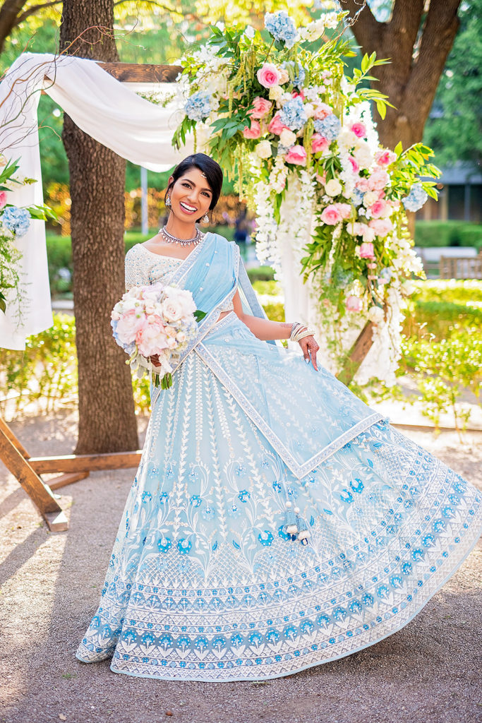 Traditional Hindu Indian wedding dallas texas pastel blue saree Marie Gabrielle Gardens and restaurant