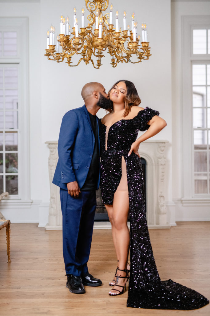 cute intimate pose in engagement photo session at the Creative Chateau