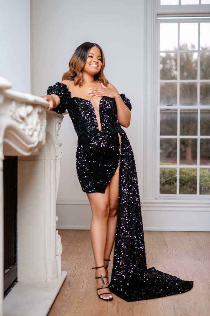 glamorous engagement photo session with sparkling high slit mini dress at the Creative Chateau