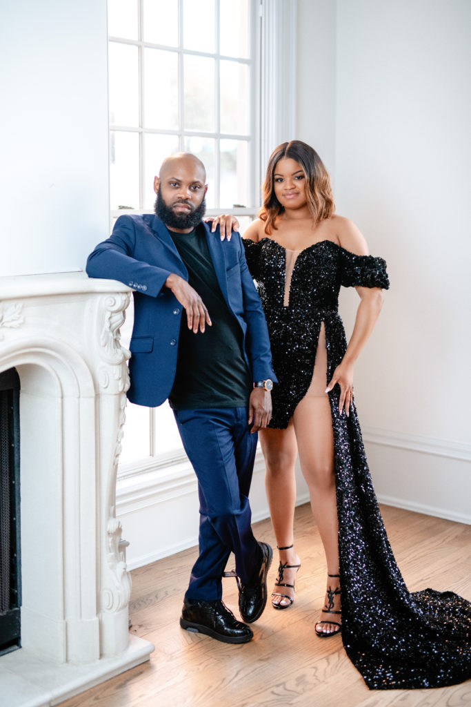 glamorous engagement photo session with power pose for engaged couple at the Creative Chateau